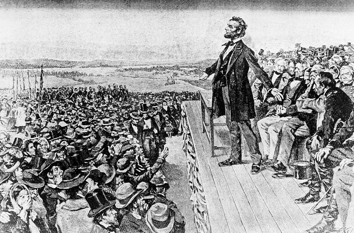 An illustration depicts President Abraham Lincoln making his Gettysburg Address at the dedication of the Gettysburg National Cemetery on Nov. 19, 1863, in Gettysburg, Pa.