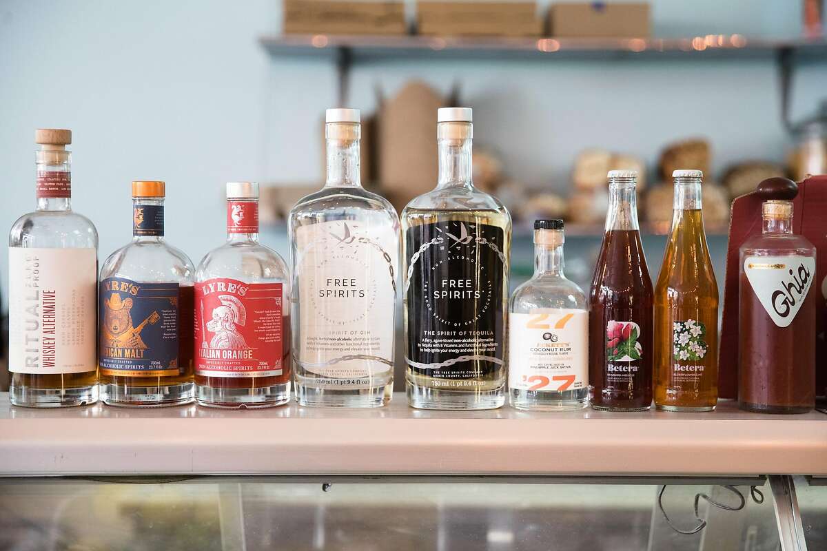 Some of the non-alcoholic spirits for sale at Ocean Beach Cafe near Ocean Beach in San Francisco, California on Jan. 25, 2021.