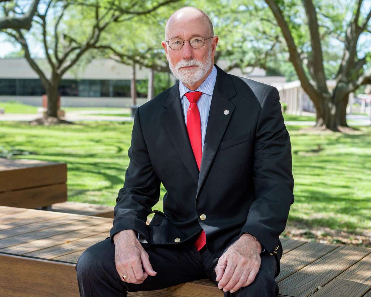 Lamar University President Ken Evans sits for a portrait on the college quad. Photo made on May 1, 2020. Fran Ruchalski/The Enterprise