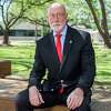 Lamar University President Ken Evans sits for a portrait on the college quad. Photo made on May 1, 2020. Fran Ruchalski/The Enterprise