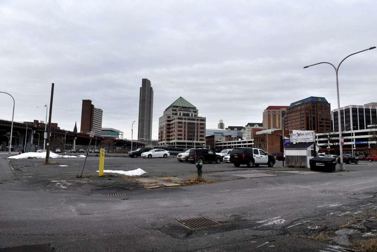 Parking lot between Division and Hamilton streets that Albany's Industrial Development Agency approved to seize via eminent domain for a proposed redevelopment of Liberty Park on Tuesday, Jan. 26, 2021, in Albany, N.Y. It is part of 0.88 acres of land that would combine to make a roughly eight-acre plot. (Will Waldron/Times Union)