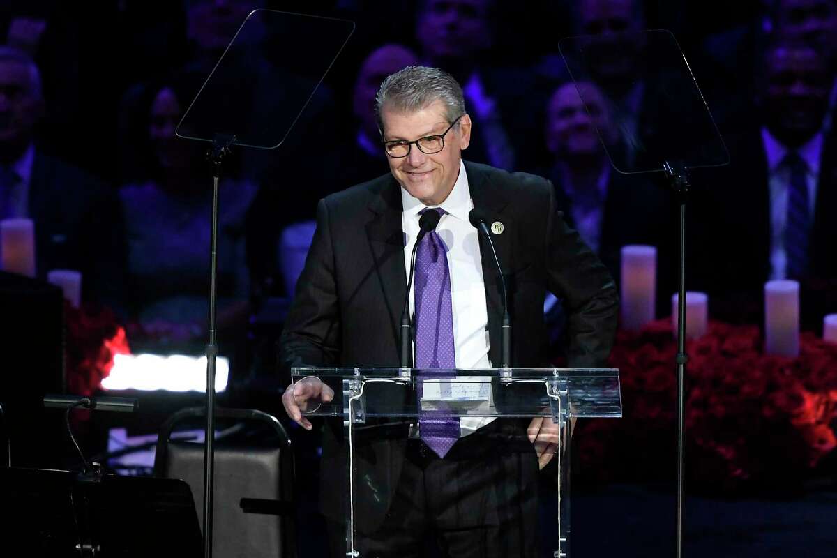 UConn women's basketball coach Geno Auriemma speaks during The Celebration of Life for Kobe & Gianna Bryant at Staples Center on Feb. 24, 2020 in Los Angeles.