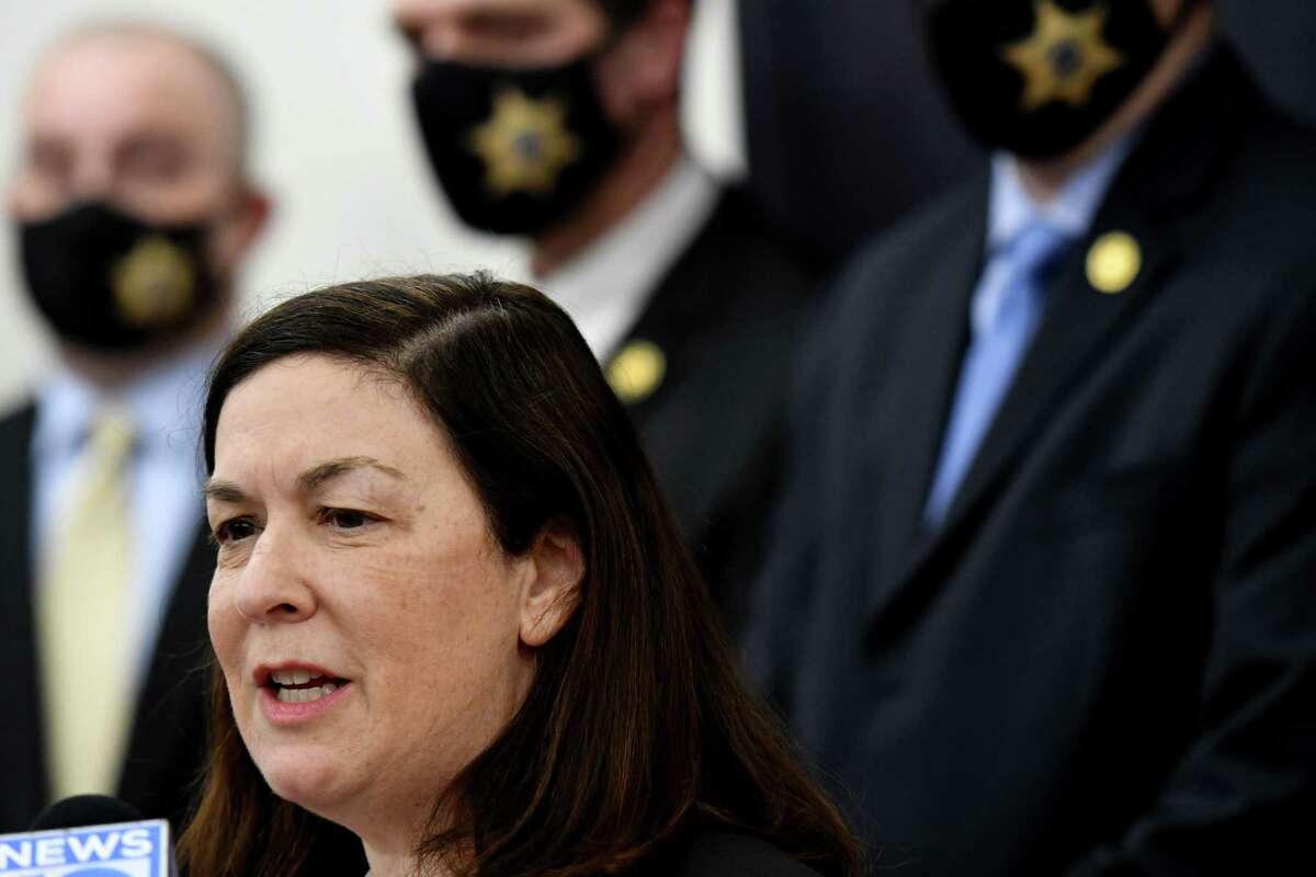 Saratoga County District Attorney Karen Heggen speaks at a press conference in January 2021 at the Saratoga County Public Safety Building in Ballston Spa, N.Y.  (Will Waldron/Times Union)