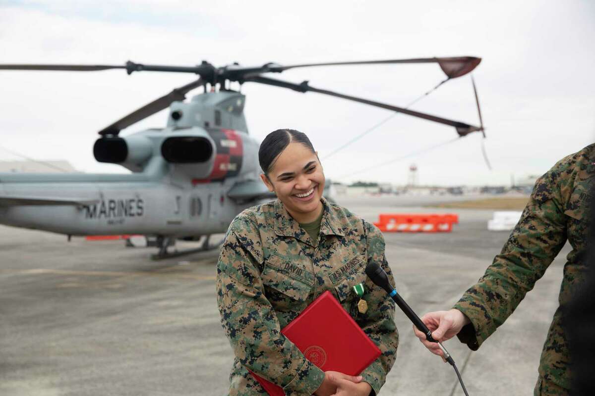 Lance Cpl. Alyssa David answers questions from local media at Marine Corps Air Station New River, North Carolina, Jan. 22, 2021. (U.S. Marine Corps photo by Lance Cpl. Yuritzy Gomez)