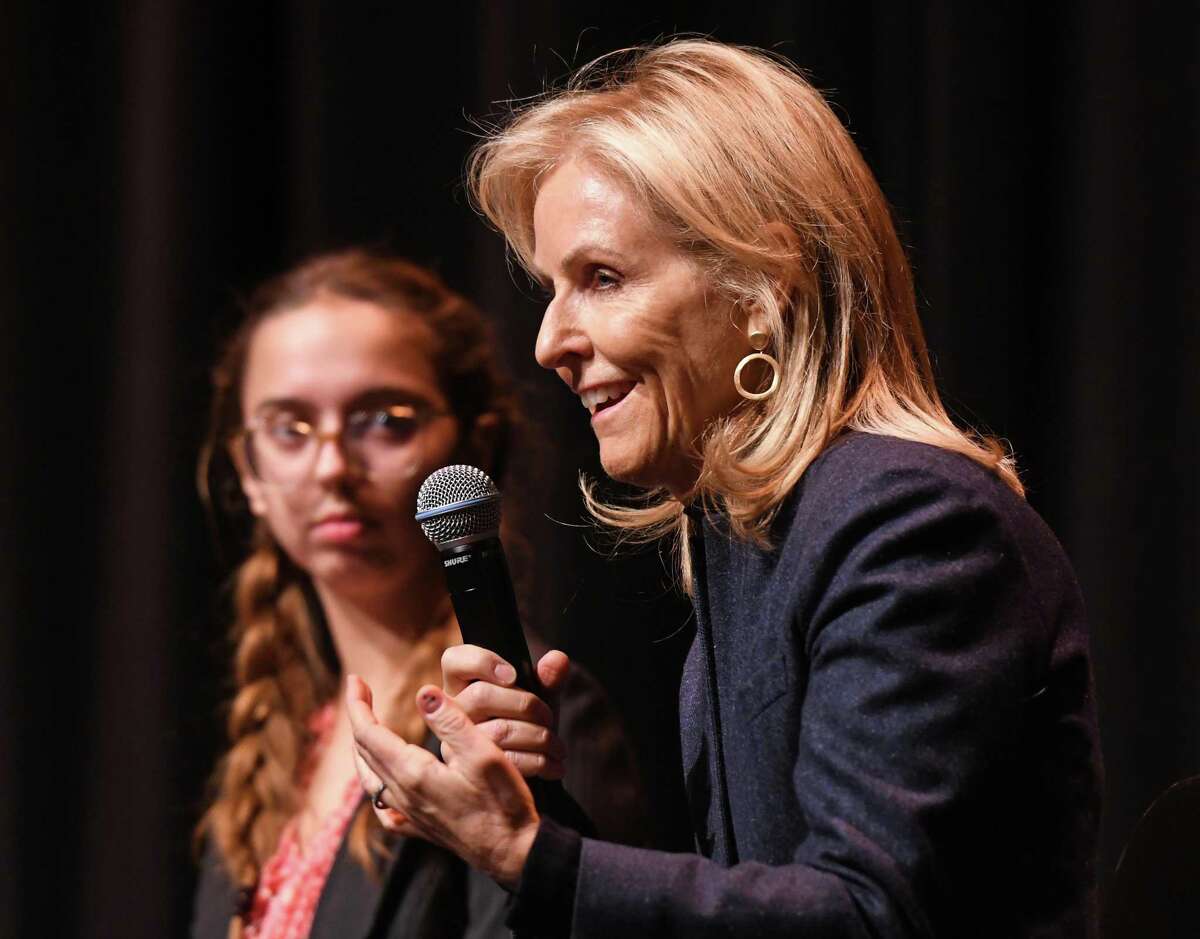 Connecticut First Lady Annie Lamont in a March 2020 file photo taken at Greenwich High School, the Lamonts’ home town.