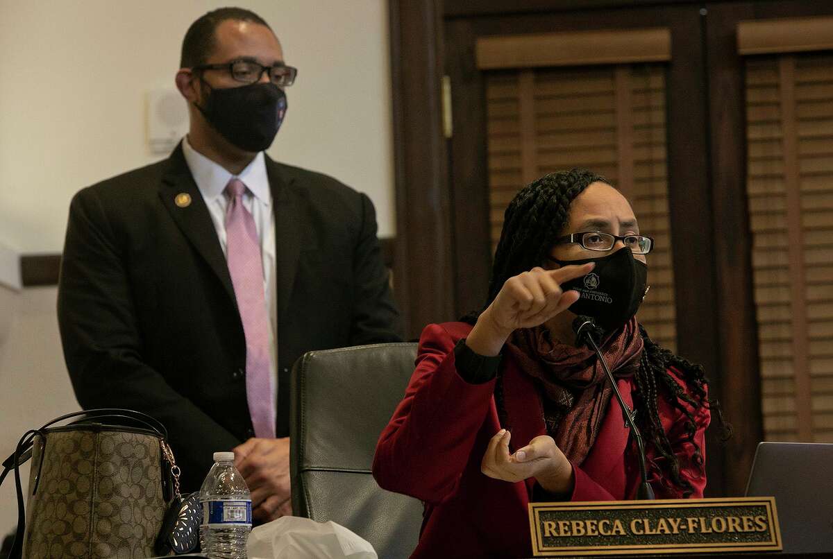 Newly elected Bexar County Commissioner Rebeca Clay-Flores responds to a concern brought to the court by a group of her constituents during the Bexar County Commissioners Court meeting in the Bexar County Courthouse on Jan. 12, 2021. Behind her is Bexar County Commissioner Tommy Calvert.