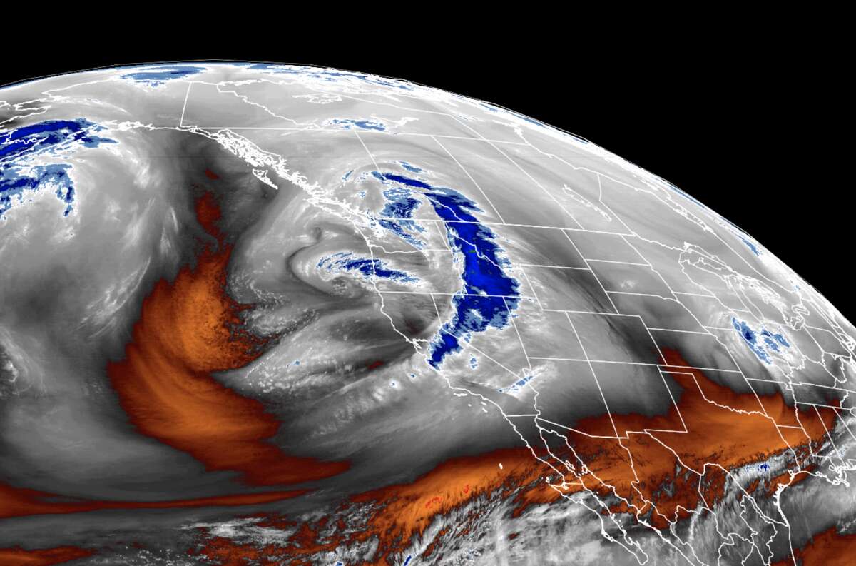 Satellite imagery from the Cooperative Institute for Research in the Atmosphere (CIRA) shows mid-level tropospheric water vapor over the Pacific Ocean and coast of California, Jan. 27, 2021.