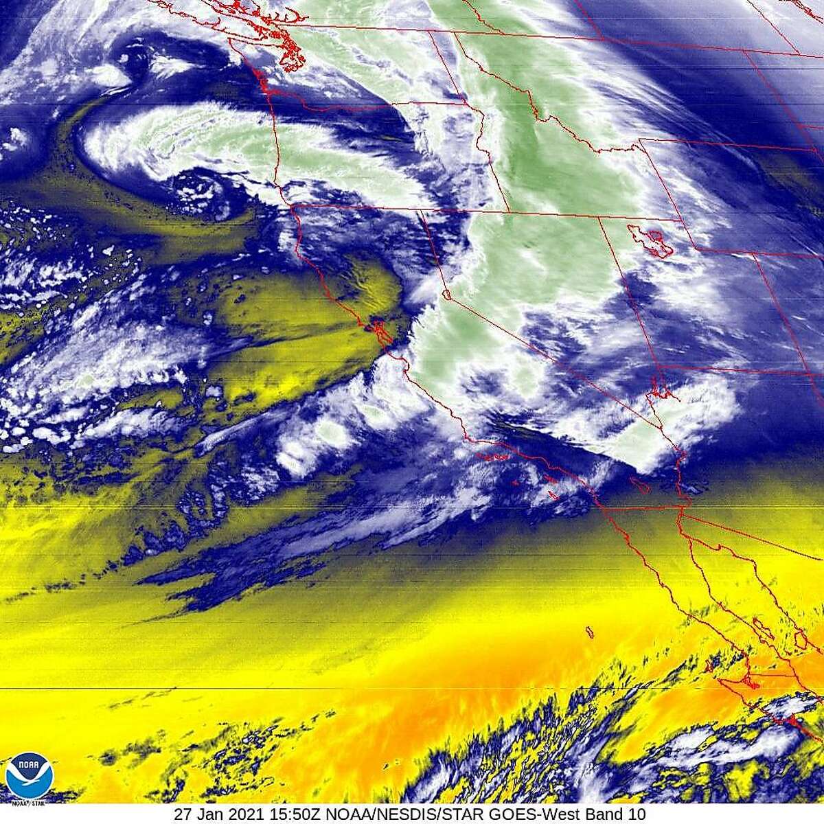 A satellite image of the winter storm as it swept out of the Bay Area on Wednesday morning.