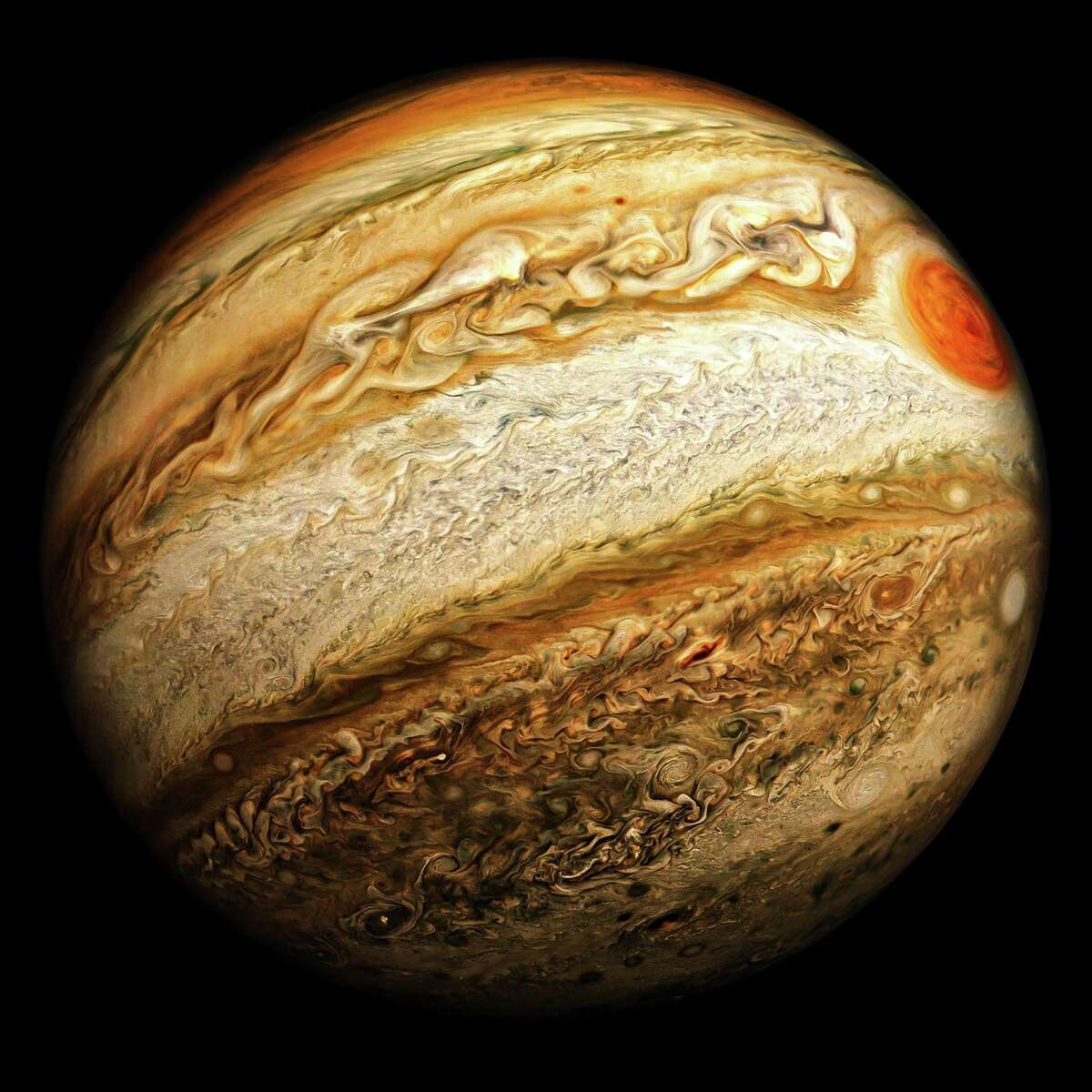 NASA has extended the Juno mission, led by Scott Bolton of Southwest Research Institute, to explore Jupiter through September 2025, expanding the science goals to include the overall Jovian system, made up of the planet and its rings and moons. Juno includes a public outreach instrument that allows citizen scientists to participate in the mission, processing JunoCam data to create images such as this highly enhanced “Orange Marble” image of Jupiter.