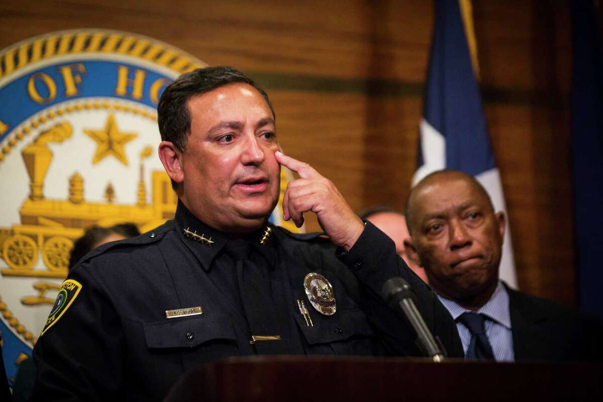 Houston Police Department Art Acevedo points at where he saw a bruise on one of the sex workers who he spoke to at the Bissonnet area where prostitution and human trafficking is rampant as part of HPD effort to eradicate activity related to buying and selling sex. The sex worker said the bruise was caused by her pimp. County Attorney Vince Ryan, along with Mayor Sylvester Turner and the HPD announced, Wednesday, Aug. 8, 2018, in Houston a partnership to stop prostitution and human trafficking on Houston's west side area known as "Bissonnet Track."
