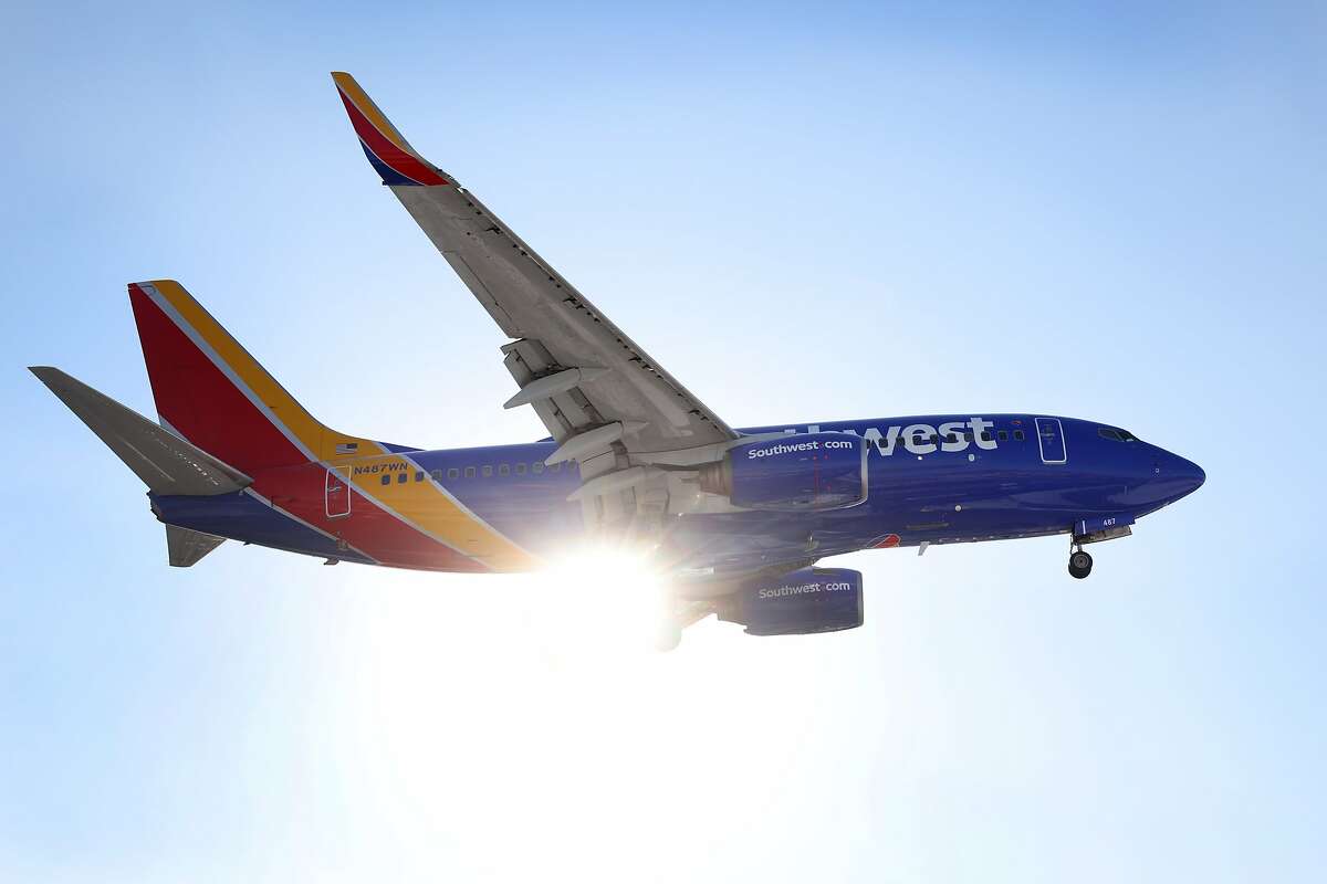 A Southwest Airlines jet lands at Midway International Airport on Jan. 28, 2021, in Chicago, Illinois. The airline has confirmed that the pilot who went on an expletive-laden rant against the Bay Area works for Southwest.
