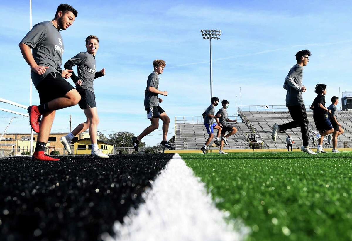 The Nederland boys soccer team practices at Bulldog stadium Wednesday as they get ready to dig into this seaon on the heels of a run cut short by COVID-19 last year. Photo taken Wednesday, January 27, 2021 Kim Brent/The Enterprise