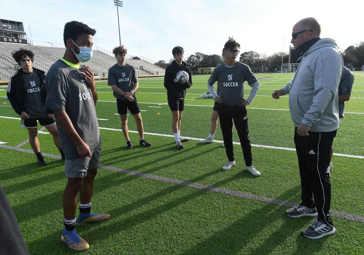 The Nederland boys soccer team practices at Bulldog stadium Wednesday as they get ready to dig into this seaon on the heels of a run cut short by COVID-19 last year. Photo taken Wednesday, January 27, 2021 Kim Brent/The Enterprise