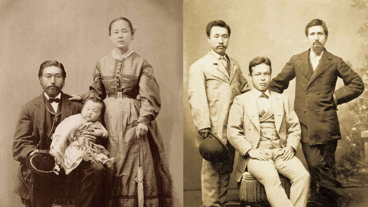 Matsugoro Ofuji, a carpenter who came from Japan in 1869, is believed to be pictured in this photo on the left. The photograph ont he right is among many donated to the California state parks system to celebrate the history of the Wakamatsu colony. The colony's leader, John Henry Schnell, is believed to be the gentleman on the right. The identity of the other colonists is not known.