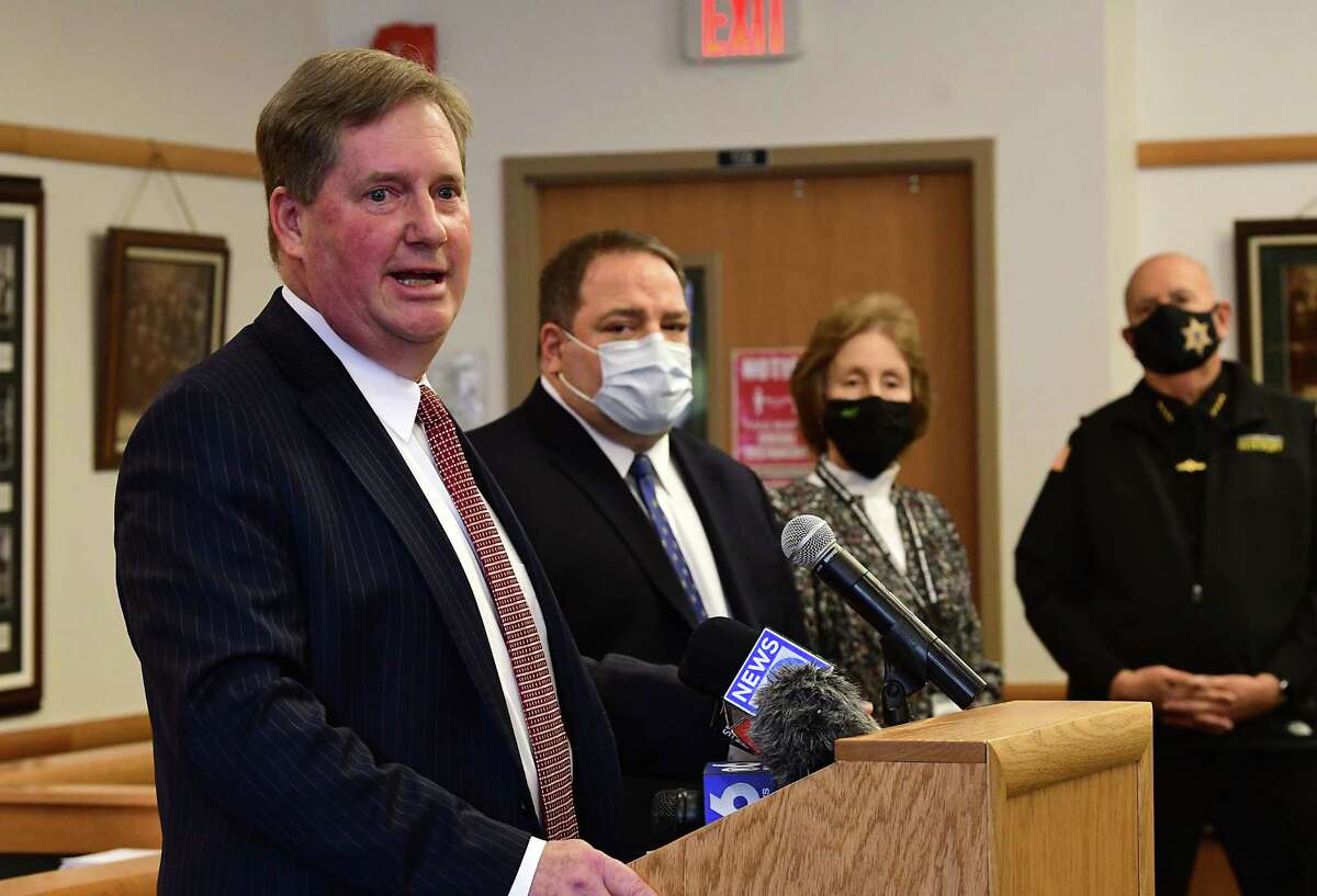 Theodore Kusnierz, chairman of the Saratoga County Board of Supervisors, speaks as Saratoga County provides an update on COVID-19 and vaccination efforts and a detail decision on high school sports at the Saratoga County Office Building Friday, Jan. 29, 2021 in Ballston Spa, N.Y. (Lori Van Buren/Times Union)