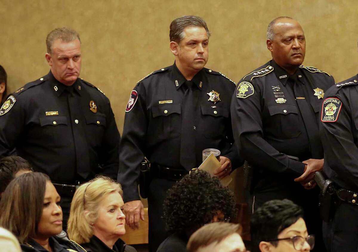 Former Harris County Constable Chris Diaz, shown here at a commissioners court meeting in March 2020, has yet to file a campaign finance report due Jan. 12. A Houston Chronicle review of Diaz’ campaign reports shows a discrepancy of more than $60,000 between what the campaign collected and what it spent.