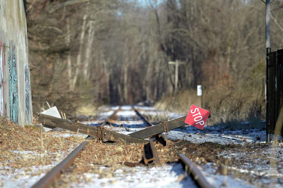 An old commuter train line which runs from from Danbury to Southeast, NY, at the New York state border. There is renewed interest in the Connecticut legislature in reopening the old line to create a shortcut to Manhattan for Danbury commuters. Thursday, January 28, 2021, in Danbury, Conn. Looking back to Conn.