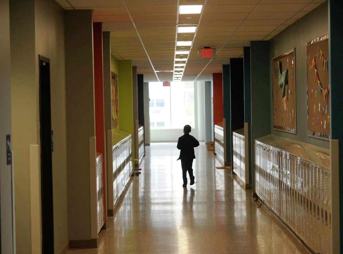 Student walks in the hallway at Strawberry Hill School on Sept. 5, 2019 in Stamford, Connecticut.