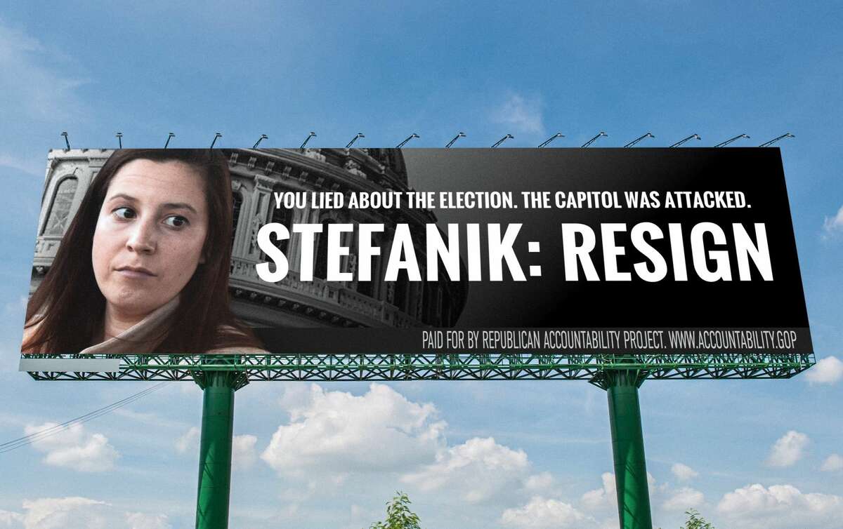 This is a mock-up of what the two billboards the Republican Accountability Project has paid for in Queenbury and Fort Ann will say. The billboards target Rep. Elise Stefanik, R-Schuylerville, for her vote and her statements objecting to certifying the 2020 presidential election results. They will go up on Monday February 1, 2021.