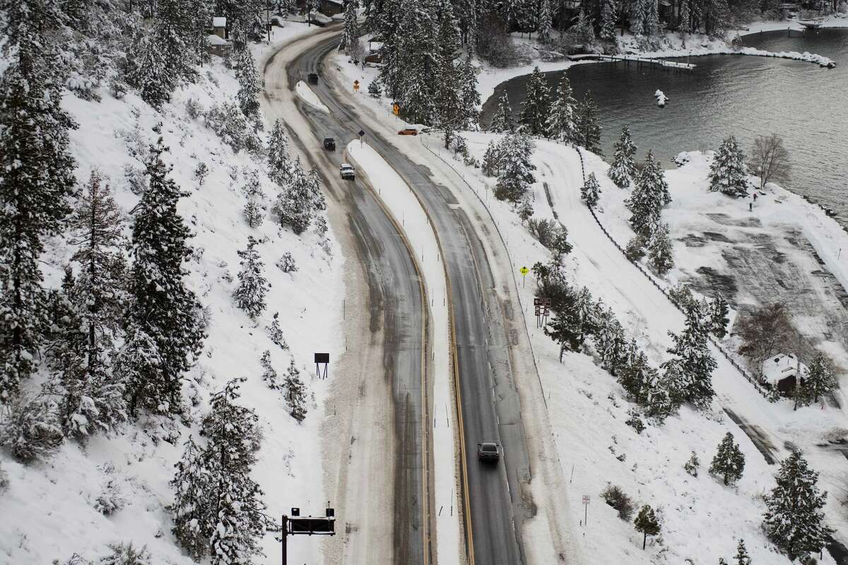 AFTER: Motorists on Highway 50 drive toward South Lake Tahoe, Calif., after a large winter storm left several feet of snow over the previous few days on Jan. 29, 2021.