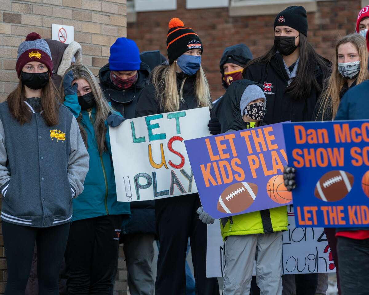 Student athletes, parents and coaches rally outside the Albany County office building on State Street on Saturday, Jan.30, 2021, calling on County Executive Dan McCoy to allow so-called high risk sports to begin (Jim Franco/Special to the Times Union.)