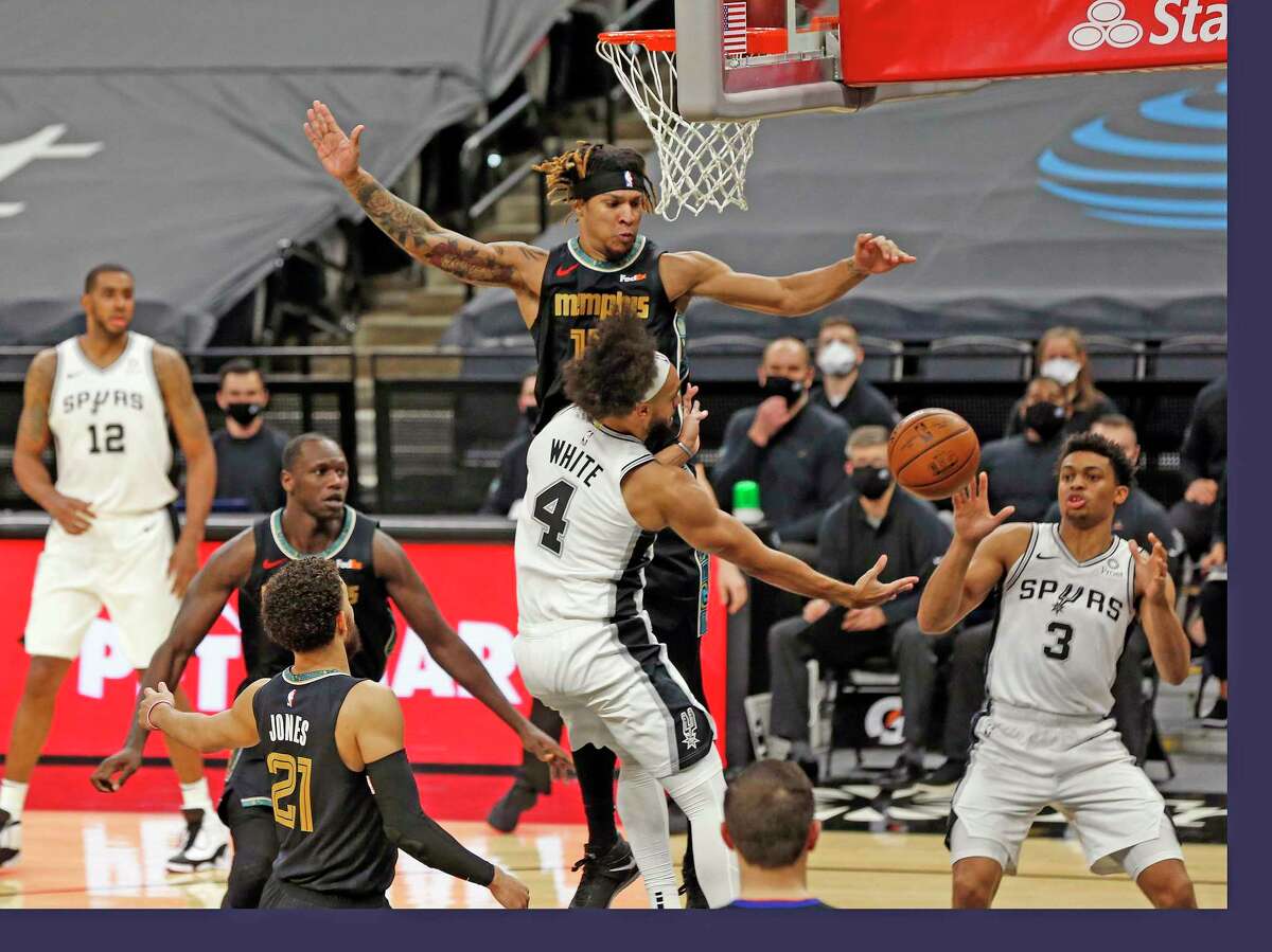 A Luxembourg investment firm is in talks to acquire a minority stake in the Spurs, the Financial Times reported, citing people with knowledge of the discussions. Derrick White of the Spurs looks to pass to Keldon Johnson during a Jan. 30 game against the Grizzlies.