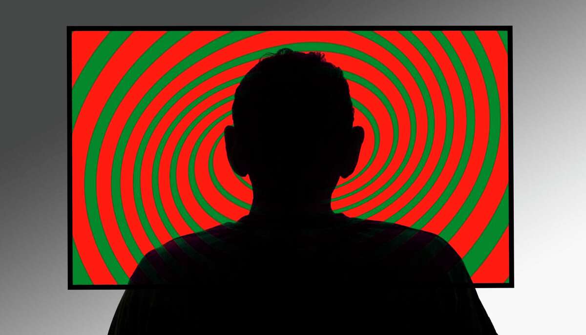 Person in front of swirly tv screen, illustration.