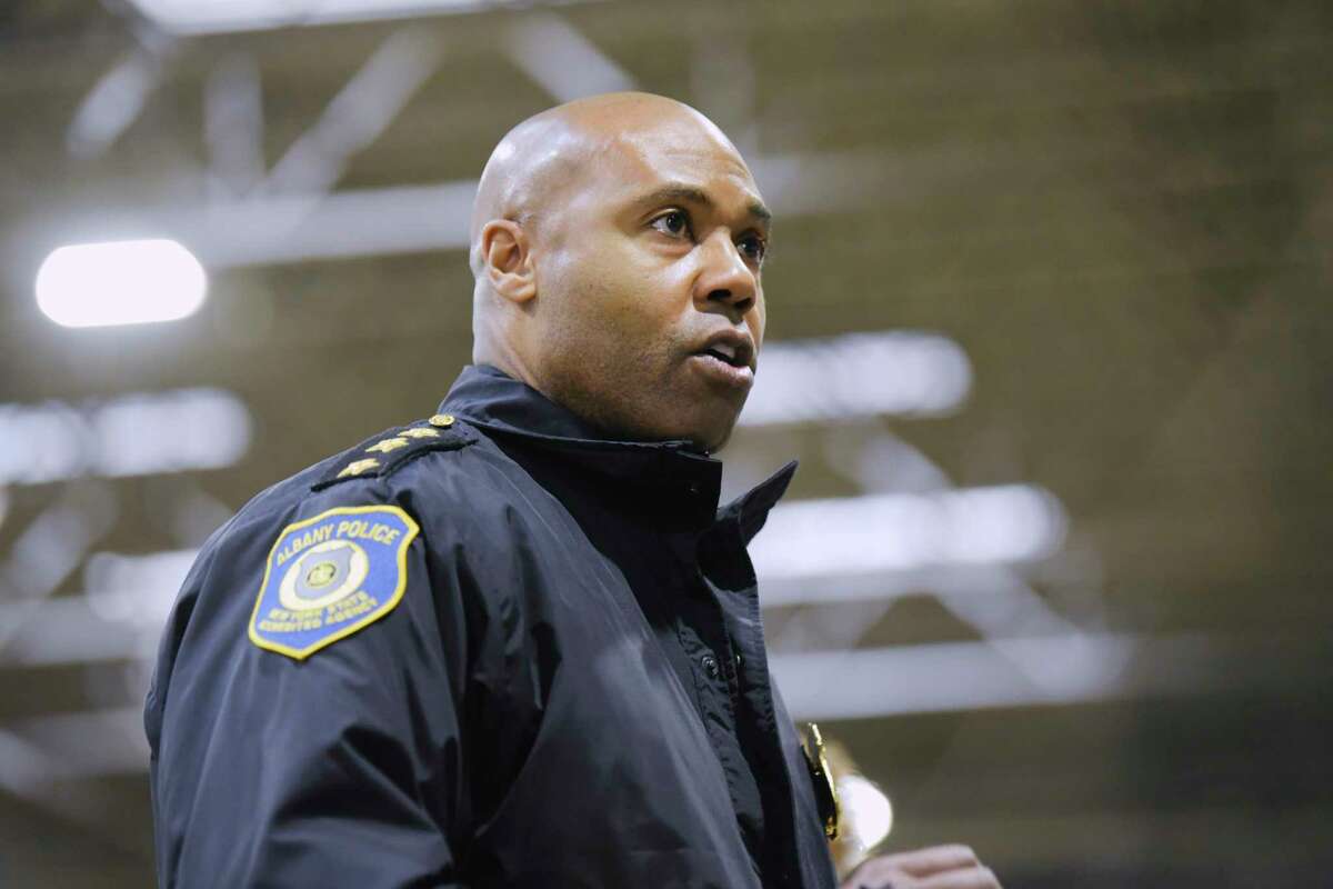 Albany Police Chief Eric Hawkins talks about the Saturday night shooting where five people were shot on Monday, Feb. 1, 2021, in Albany, N.Y. (Paul Buckowski/Times Union)