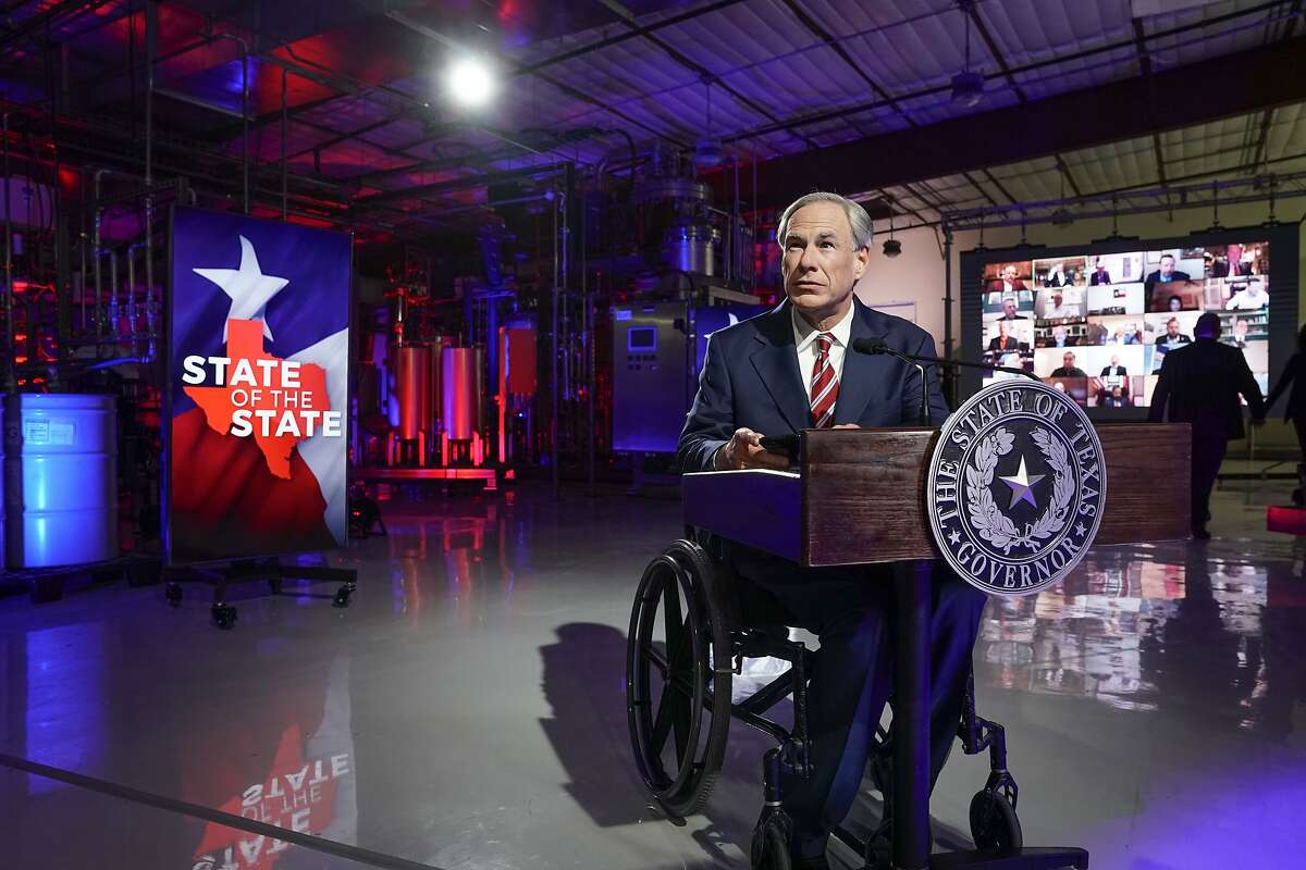 Texas Gov. Greg Abbott prepares to deliver his State of the State speech at Visionary Fiber Technologies, for the first time outside the Capitol, Monday, Feb. 1, 2021, in Lockhart, Texas. (Bob Daemmrich/Pool Photo via AP)