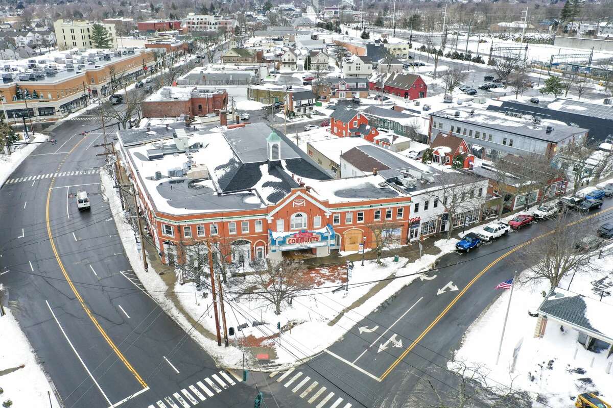 Aerial drone photos show downtown Fairfield on Feb. 2, 2021 after a snow storm hit the area the day before.