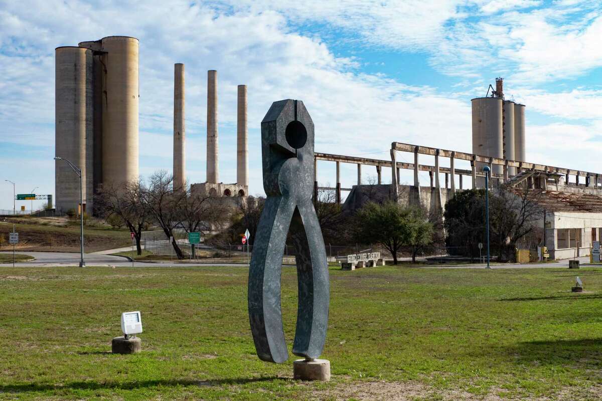 A set of pliers is part of the "Toolyard," installation by artist Riley Robinson, located in front of the Northeast Service Center. It includes 11 large galvanized steel tools.