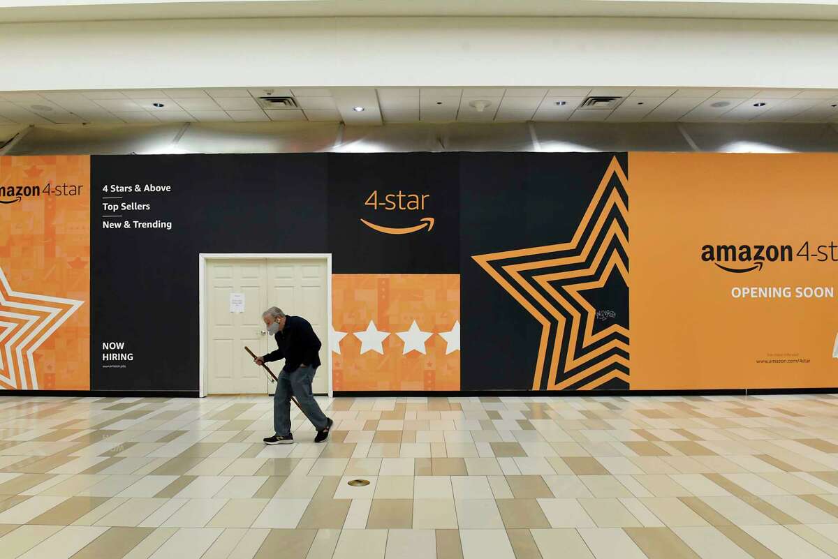 A construction wall covers the entrance to the new Amazon 4-star store at Crossgates Mall on Tuesday, Feb. 2, 2021 in Guilderland, N.Y. The store, which will open Wednesday, is the second in New York State. (Lori Van Buren/Times Union)