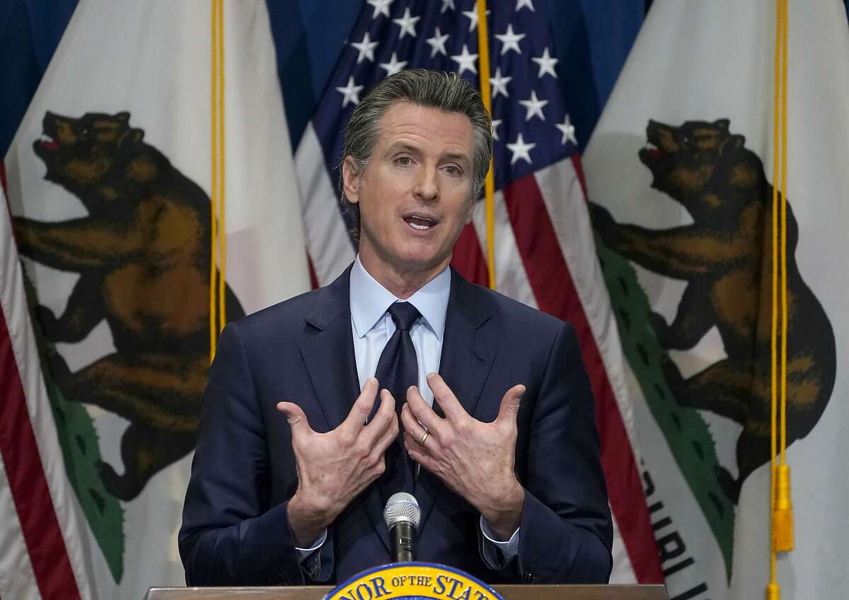 California Gov. Gavin Newsom outlines his 2021-2022 state budget proposal during a news conference in Sacramento, Jan. 8, 2021.