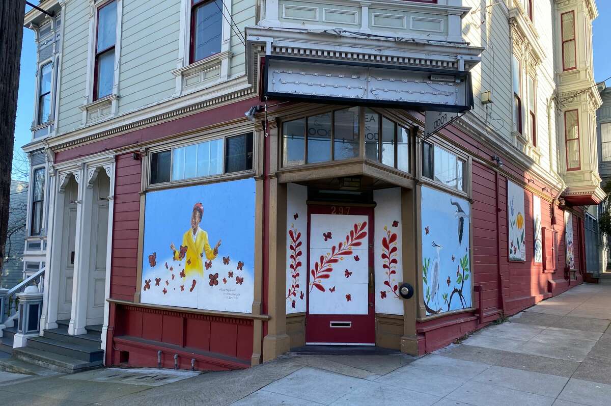 A mural of poet Amanda Gorman is seen outside the San Francisco Zen Center at the corner of Page and Laguna streets in Hayes Valley.