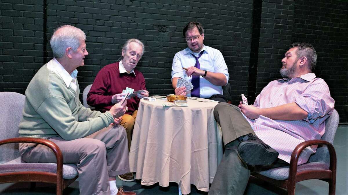 Pictured from left are Frank Pursel, John Kaiser, Bob Galley and John Barton in Stage Right's "The Odd Couple" which opens on Feb. 12 at the Crighton Theatre.