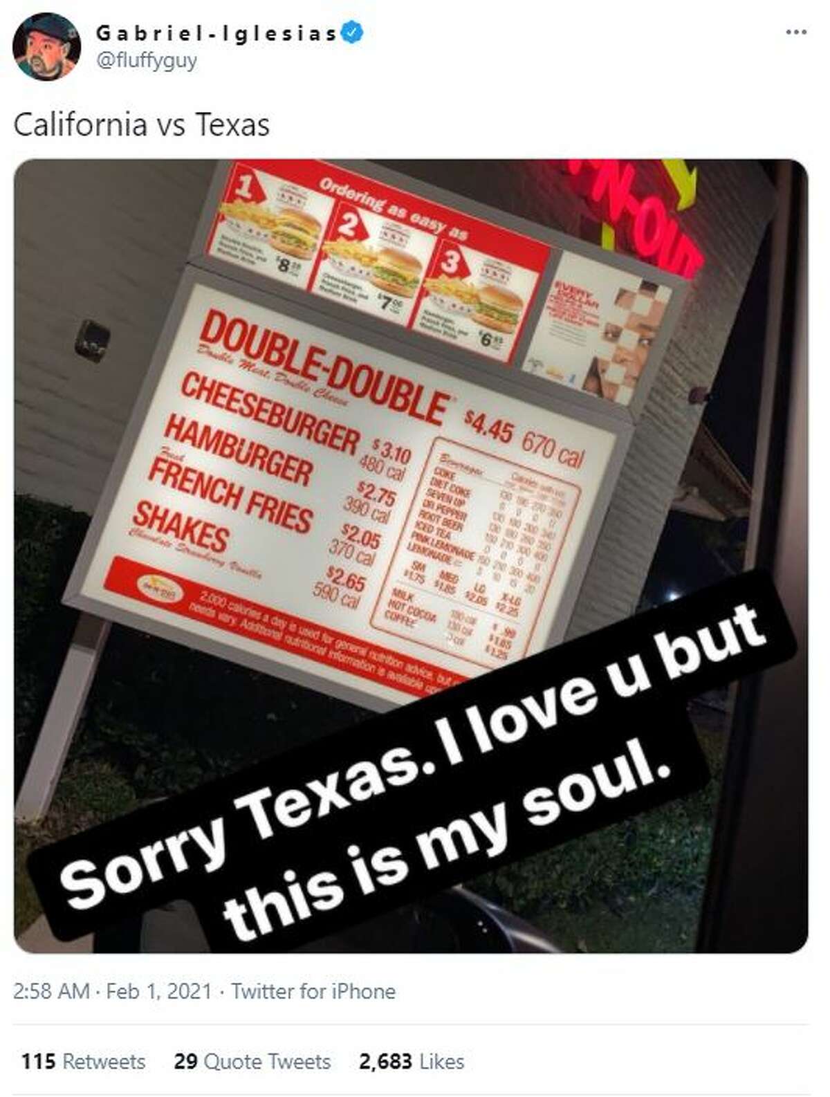 "California vs. Texas" comedian Gabriel Iglesias said "Sorry Texas. I love u but this is my soul"