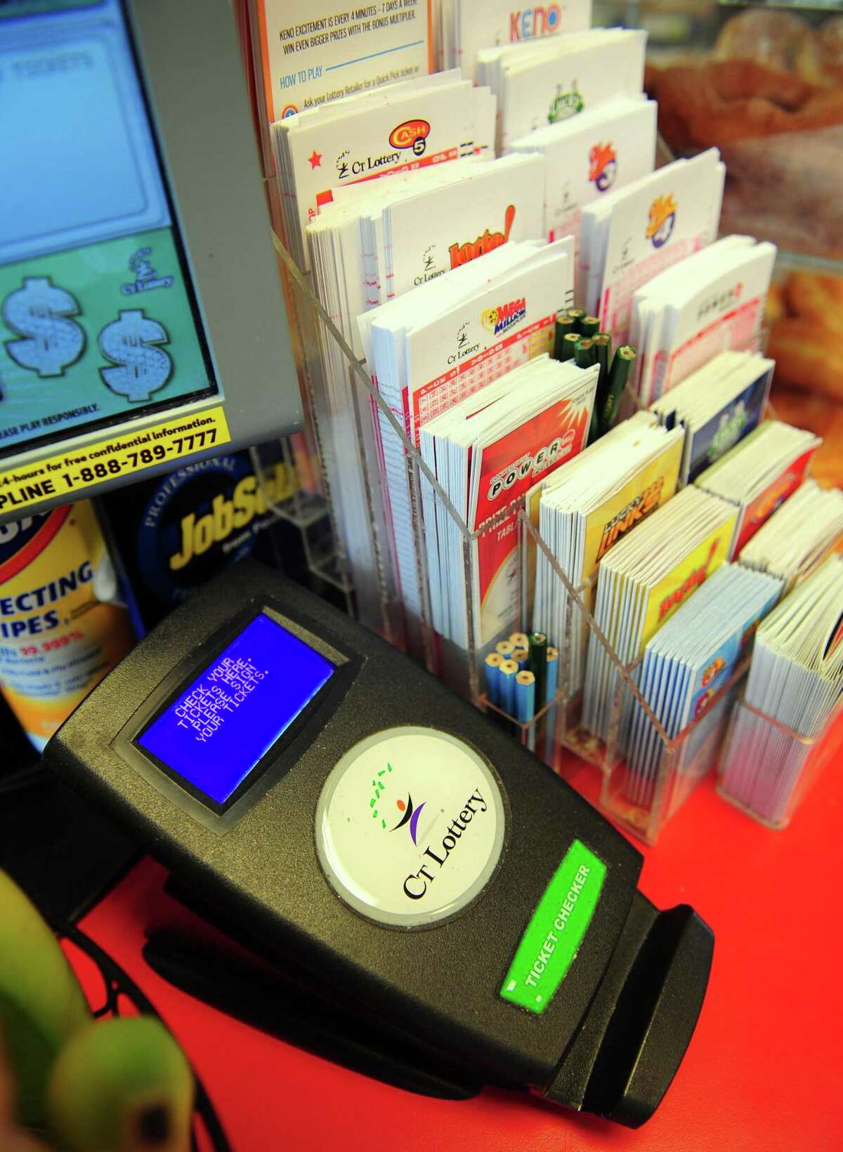 A file photo of lottery game tickets on sale in Connecticut.