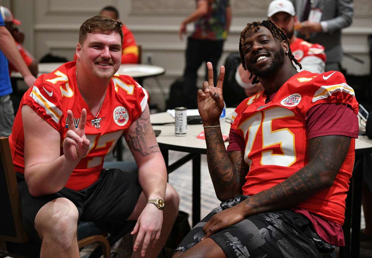 Kansas City Chiefs' Andrew Wylie (left) poses with teammate Cameron Erving during media availability in Aventura, Fla., Jan. 30, 2020 in the week leading up to Super Bowl LIV.