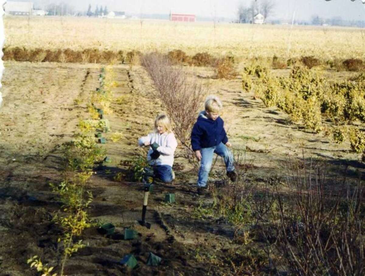 Toddlers Andrew and Allie Wylie play in the field on the family farm in Hemlock in this undated photo.