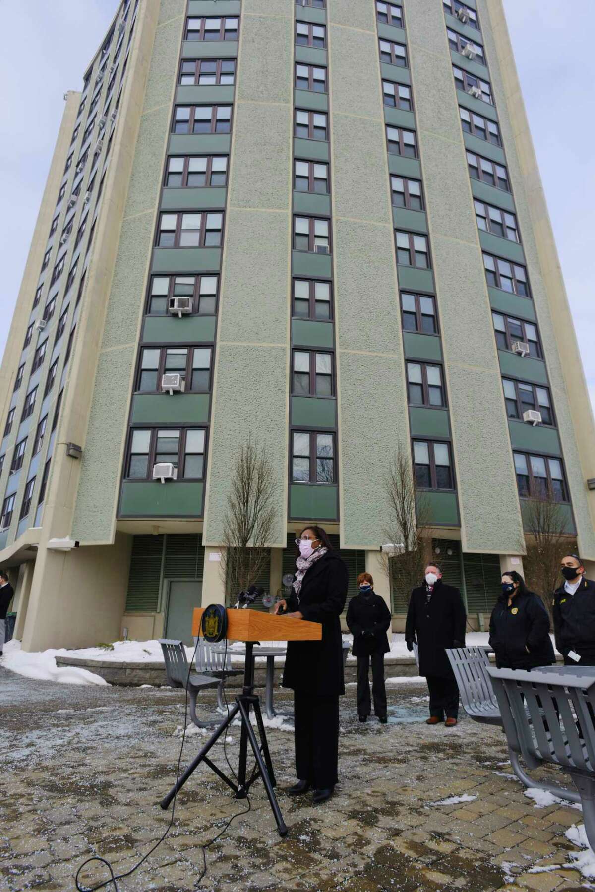 Chiquita Darbeau, Albany Housing Authority executive director, speaks at a press conference outside the Westview Homes where Mohawk Ambulance Services was running a community based pop up vaccination site on Thursday, Feb. 4, 2021, in Albany, N.Y. (Paul Buckowski/Times Union)
