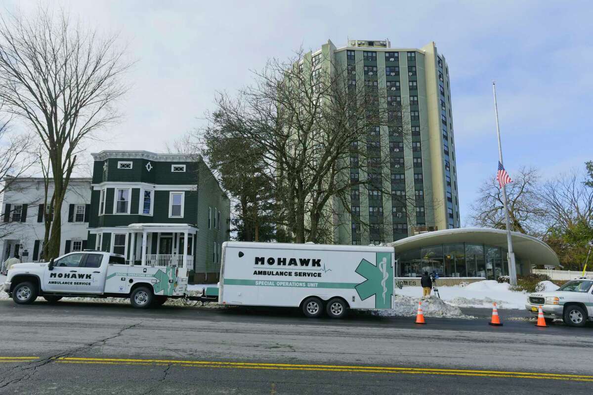 A Mohawk Ambulance mobile vaccine distribution vehicle and trailer is seen outside the Westview Homes where Mohawk Ambulance staff were running a community based pop up vaccination site on Thursday, Feb. 4, 2021, in Albany, N.Y. (Paul Buckowski/Times Union)