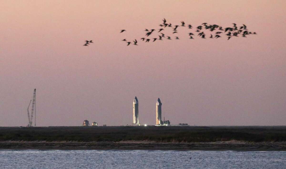 Birds fly overhead along the Brazos Santiago Pass as SpaceX Starship SN9 and SN10 sit on their launch platforms at the SpaceX Launch Facility near Boca Chica Village as seen from Isla Blanca Park at South Padre Island on Tuesday, Feb. 2, 2021.