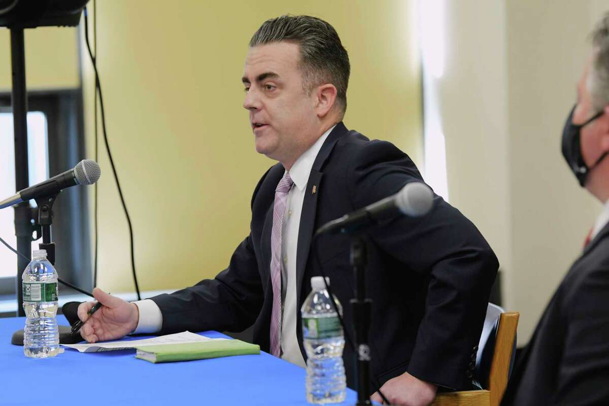 Andrew Joyce, chairman of the Albany County Legislature, speaks about financial help coming to small businesses in the county during a press conference on Thursday, Feb. 4, 2021, in Albany, N.Y. (Paul Buckowski/Times Union)