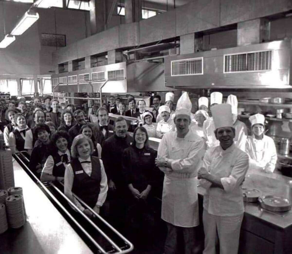 Executive chef Bertram Wentzek and the Ahwahnee Hotel kitchen staff during a Bracebridge dinner in the 1980s.