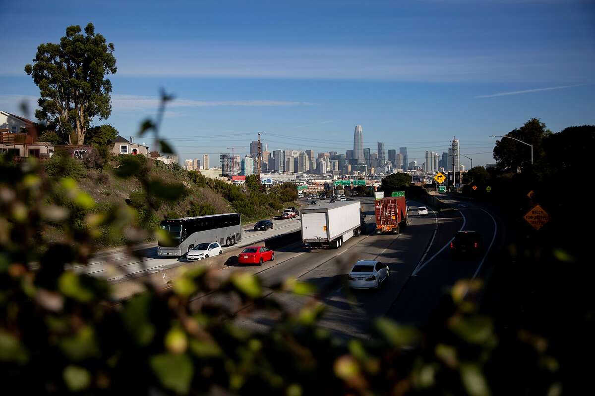 The flow of traffic on U.S. Highway 101, Thursday, Jan. 21, 2021, in San Francisco, Calif.