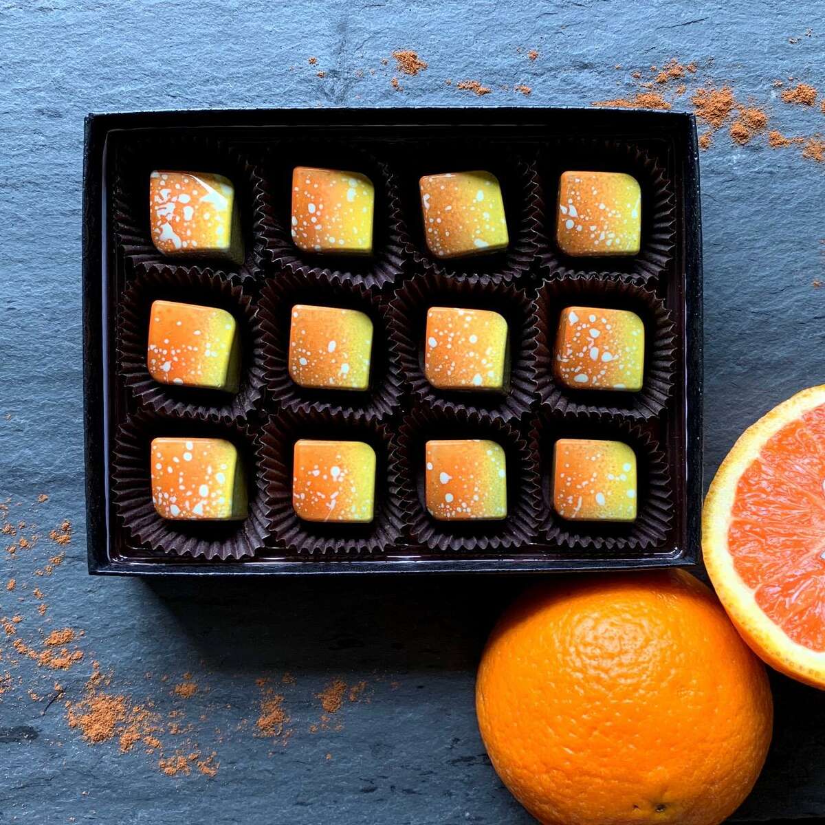 Blood Orange Speculoos bon bons from Formosa Chocolates, an East Bay company by Kimberly Yang.