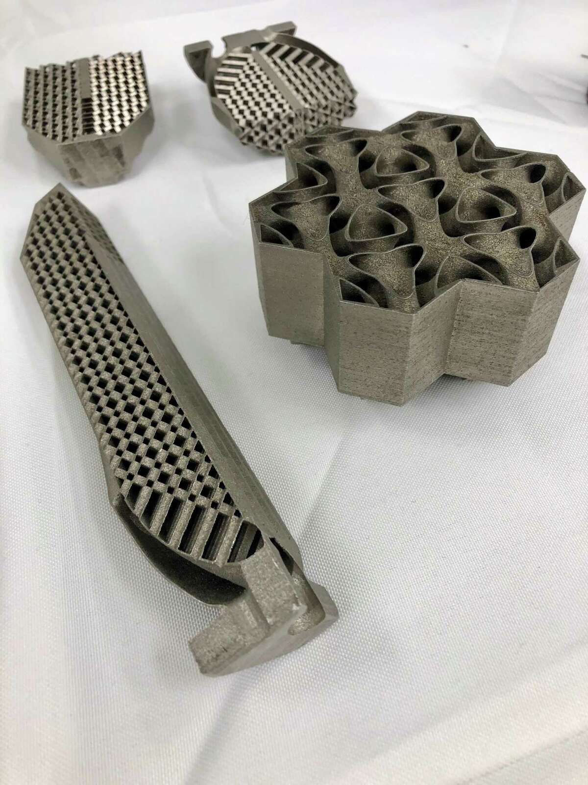 Test samples of 3D-printed heat exchangers made in GE's Additive Manufacturing Lab in Niskayuna. The heat exchanger regulates the airflow over the sorbent materials in the device that GE is developing with leading university scientists across the country,