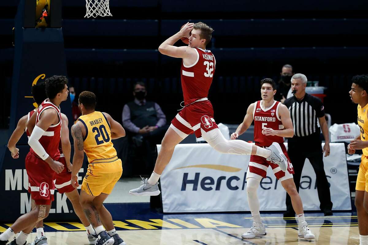 Stanford's Lukas Kisunas pulls down a rebound against California in 1st half during Pac 12 men's basketball game at Haas Pavilion in Berkeley, Calif., on Thursday, February 4, 2021.