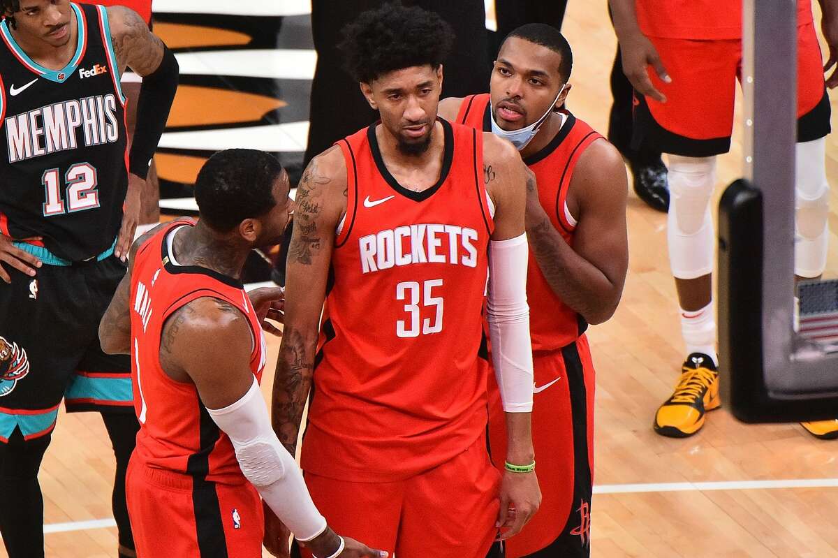 MEMPHIS, TENNESSEE - FEBRUARY 04: Christian Wood #35 of the Houston Rockets reacts after a injury during the second half against the Memphis Grizzlies at FedExForum on February 04, 2021 in Memphis, Tennessee. NOTE TO USER: User expressly acknowledges and agrees that, by downloading and/or using this photograph, user is consenting to the terms and conditions of the Getty Images License Agreement. (Photo by Justin Ford/Getty Images)