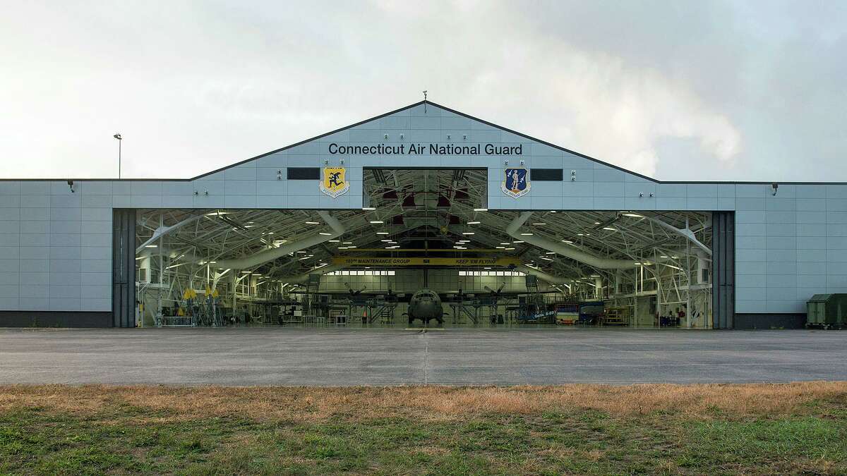 A file photo of the Connecticut Air National Guard hanger in East Granby, Conn. On Friday, Feb. 5, 2021, an airman had to be rescued from a plane's wing after becoming disoriented, officials said.